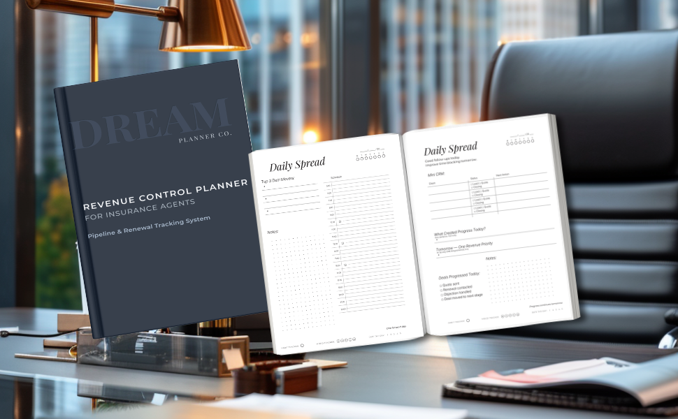 Insurance Agent Planner 2026 – premium business planner for insurance professionals by Dream Planner Co.; combines productivity, sales tracking, finance management and client organization tools in an elegant design.