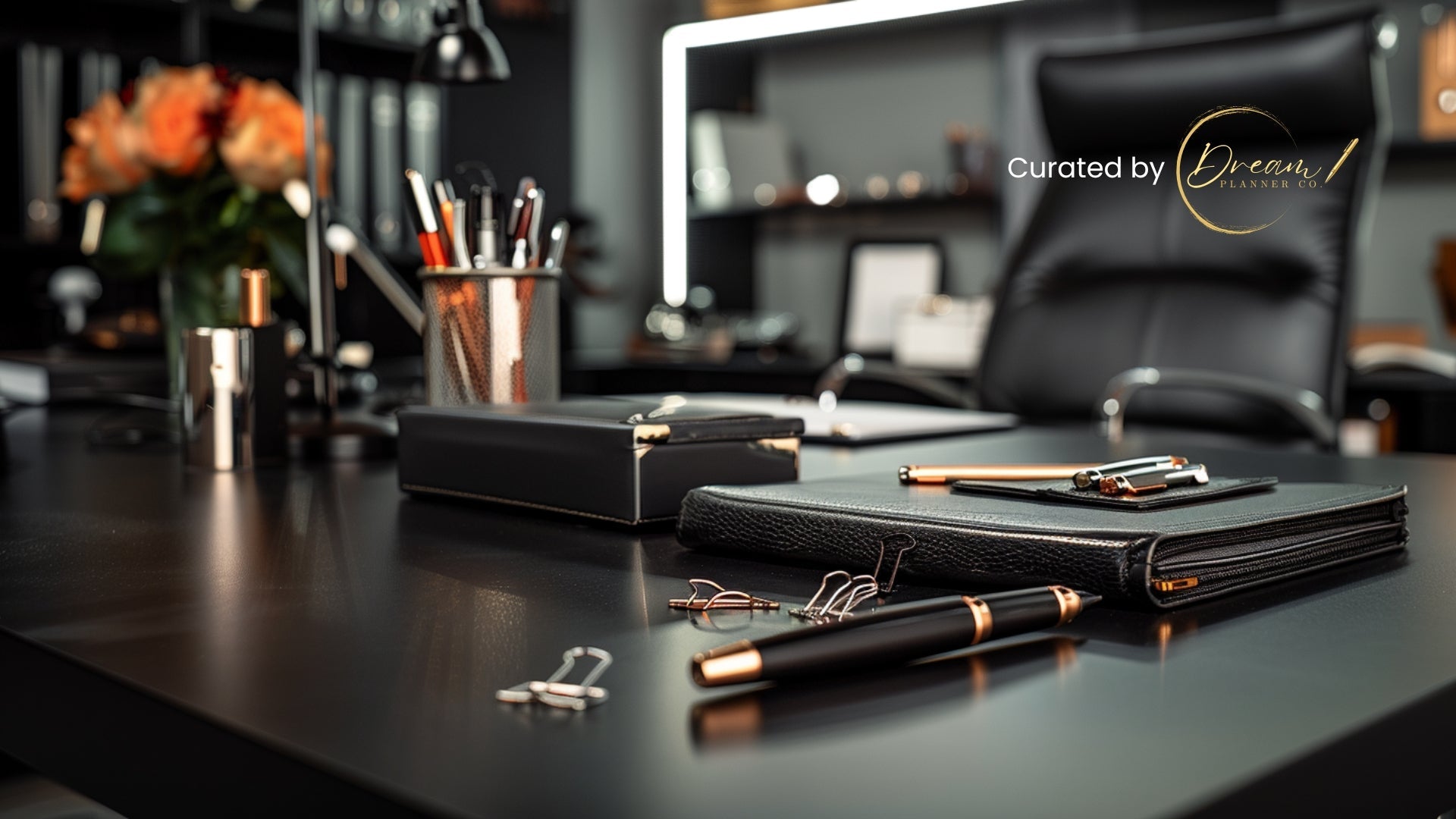 Dark premium office desk with modern office supplies, pens, notebook and minimal desk accessories.