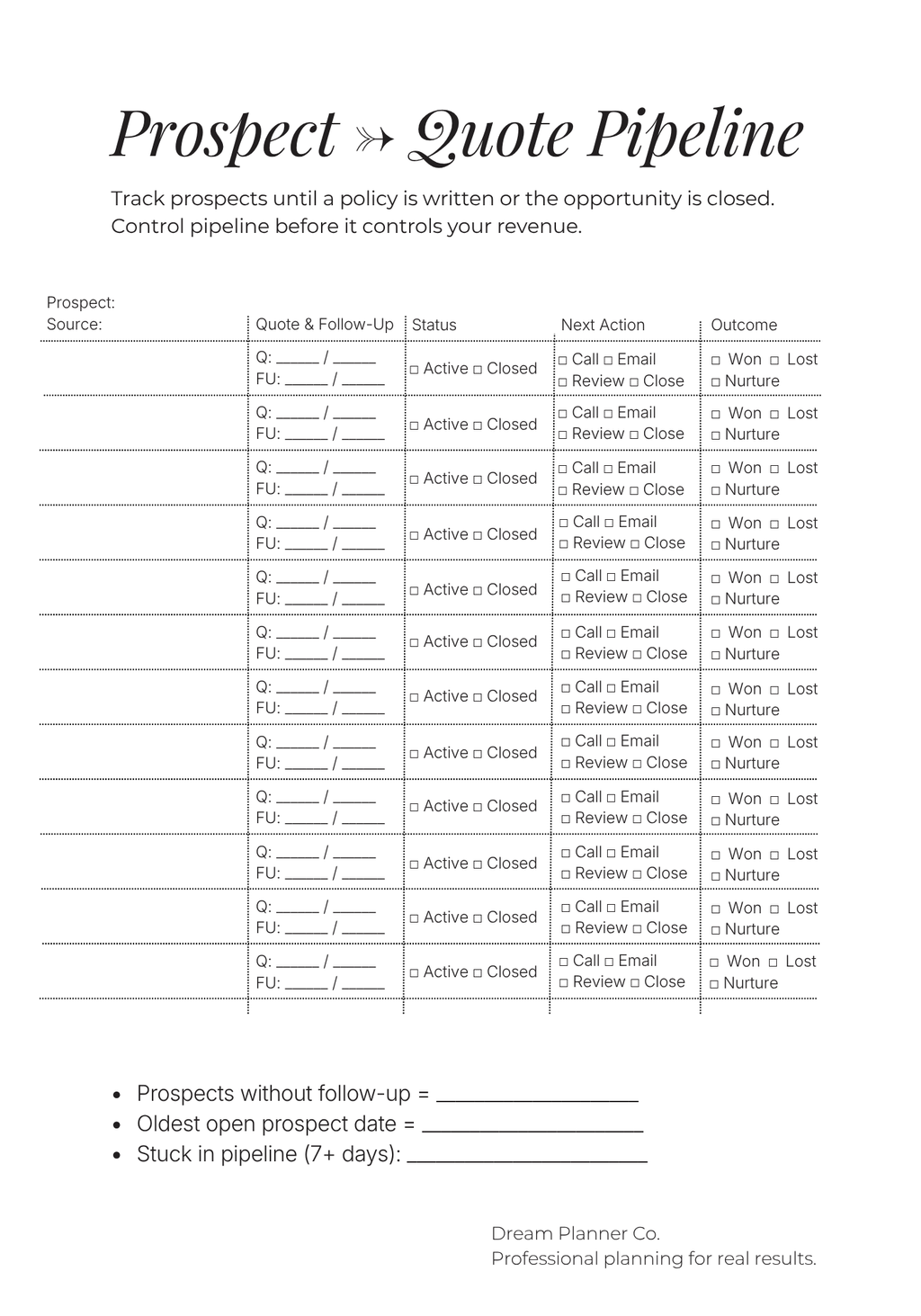Revenue Control Undated Planner for Insurance Agents: Pipeline, Portfolio & Renewal Tracking System to Increase Commission, Manage Clients, and Control Daily Production