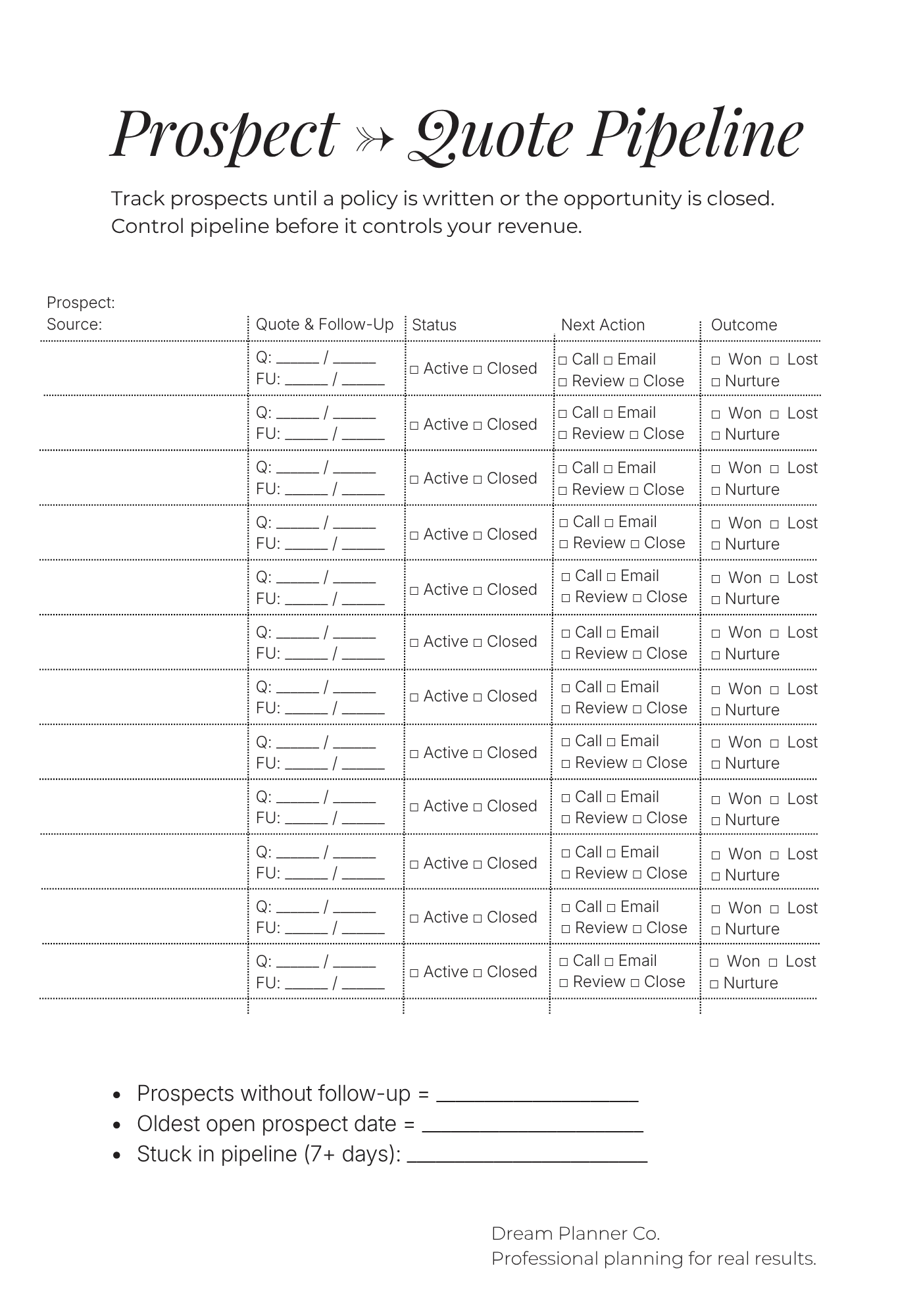 Revenue Control Undated Planner for Insurance Agents: Pipeline, Portfolio & Renewal Tracking System to Increase Commission, Manage Clients, and Control Daily Production