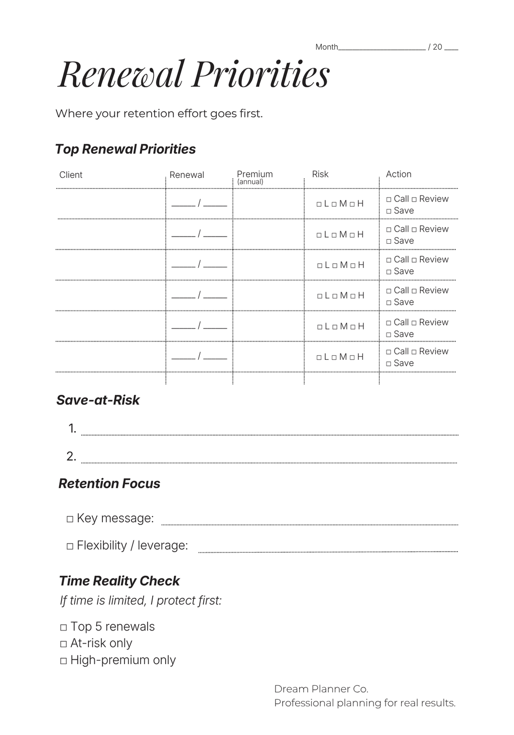 Revenue Control Undated Planner for Insurance Agents: Pipeline, Portfolio & Renewal Tracking System to Increase Commission, Manage Clients, and Control Daily Production