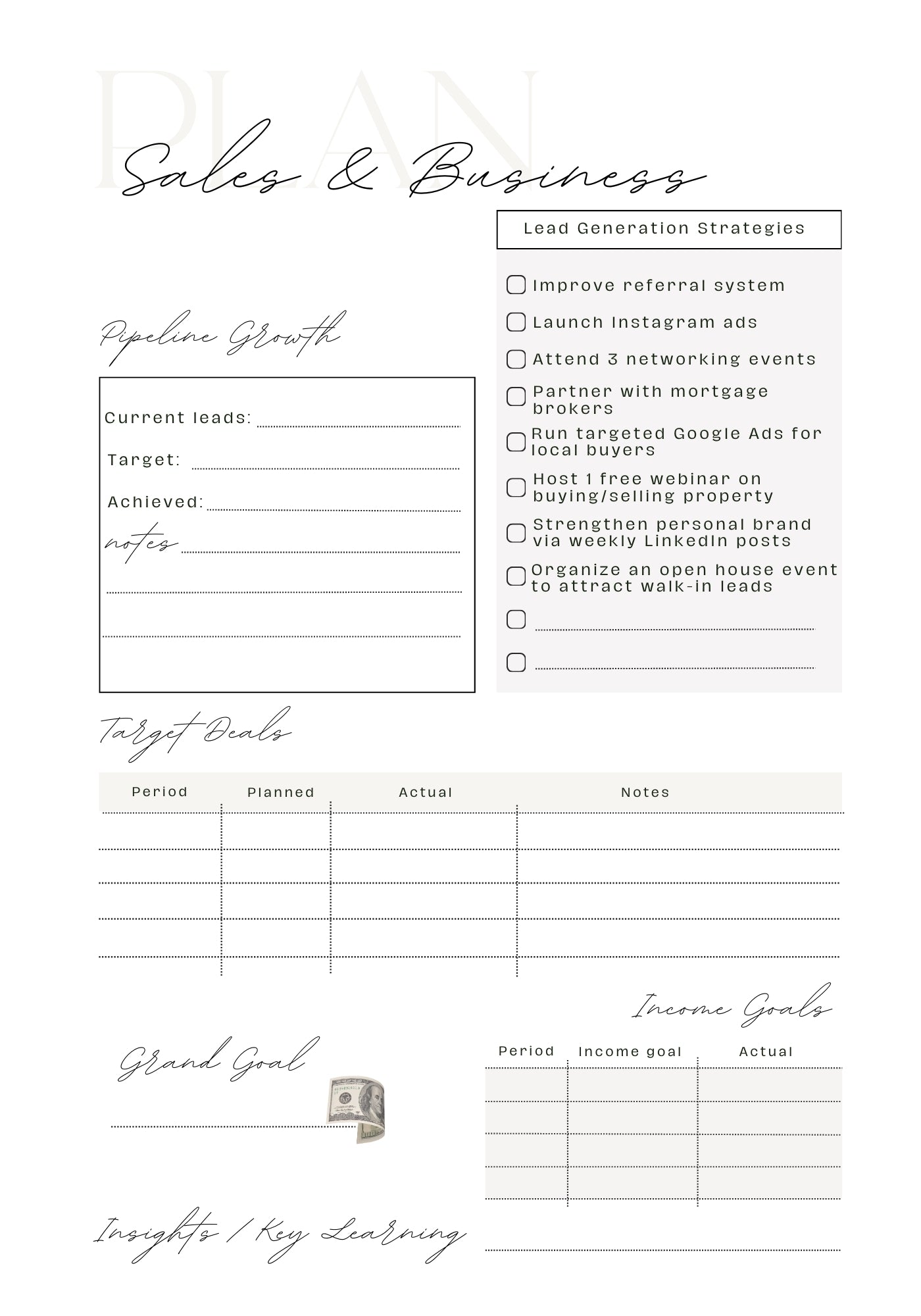 Undated Realtor Sales Planner: Prospecting, Closings & Motivation Journal for Real Estate Agents