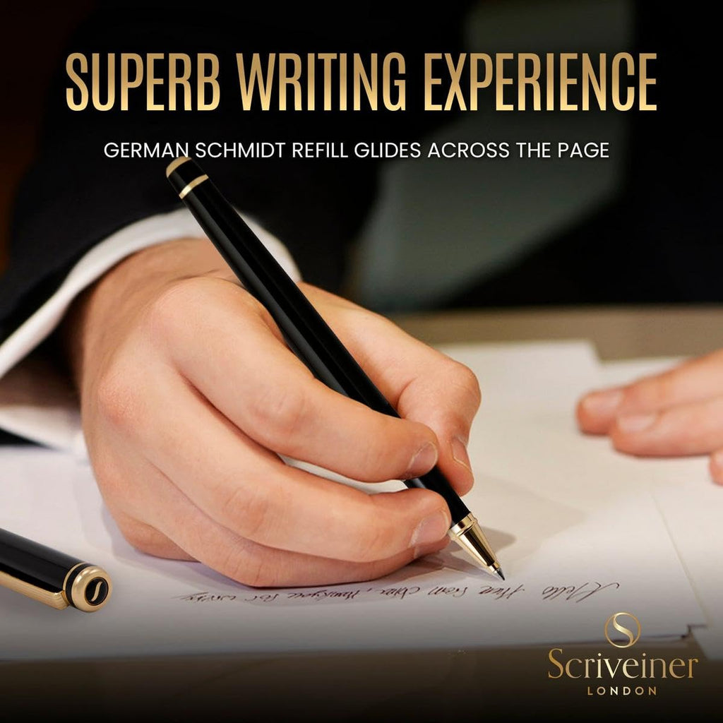 Scriveiner Black & Gold Rollerball Pen | Luxury Writing Tool
