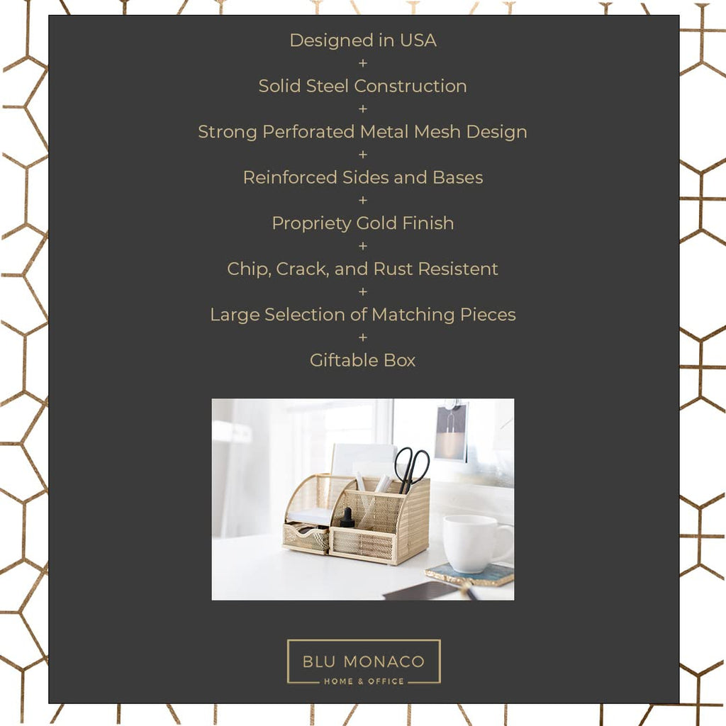 Gold Desk Organizer with Drawer – Metal Desktop Caddy (6 Compartments)