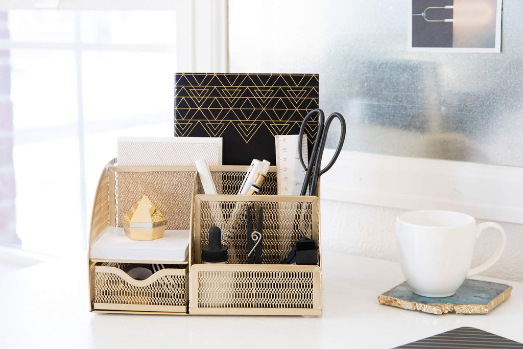 Gold Desk Organizer with Drawer – Metal Desktop Caddy (6 Compartments)