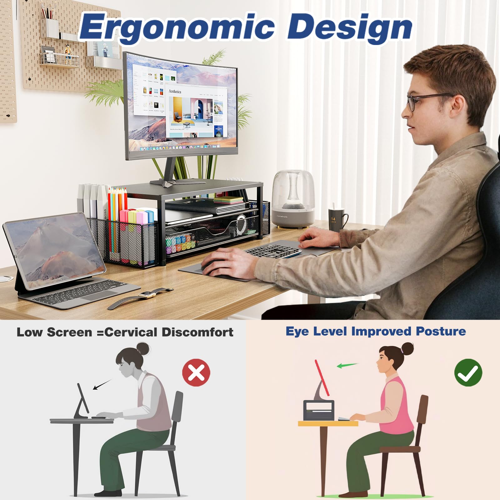 2-Tier Desk Organizer with Monitor Stand & Drawer | Office Essentials