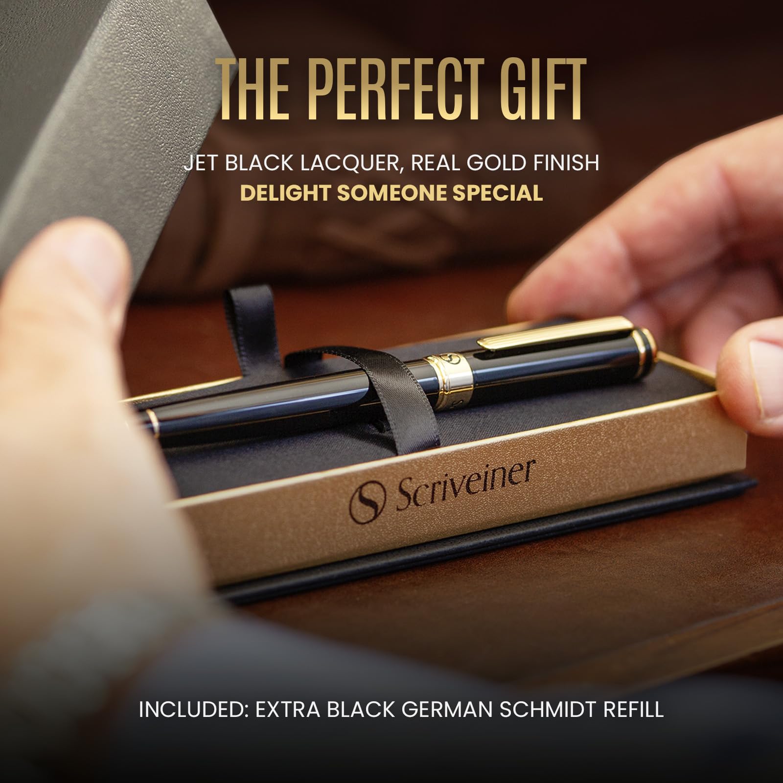 Scriveiner Black & Gold Rollerball Pen | Luxury Writing Tool