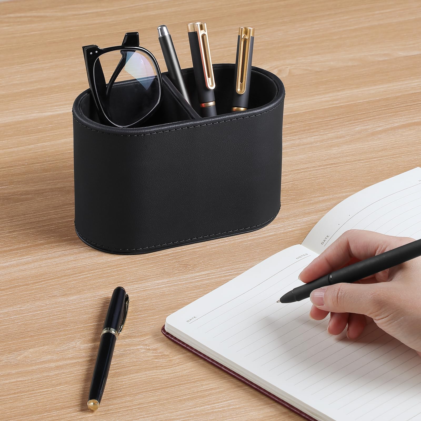 PU Leather Pen Holder – Dual-Compartment Desk Organizer Cup