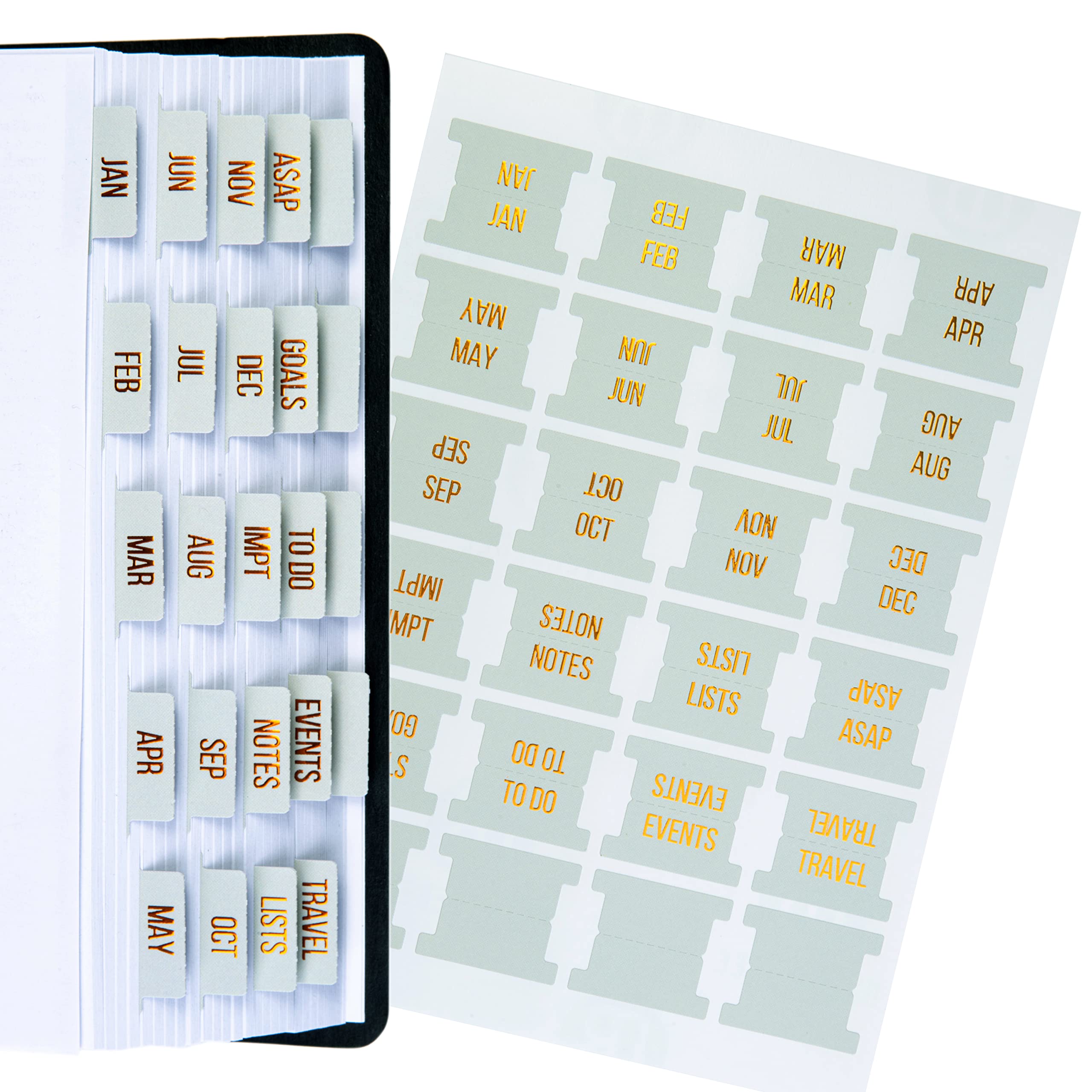 Gold Foil Monthly Planner Tabs – 24 Laminated Peel & Stick Labels